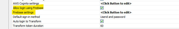 Properties showing Allow login using Firebase and Firebase settings.